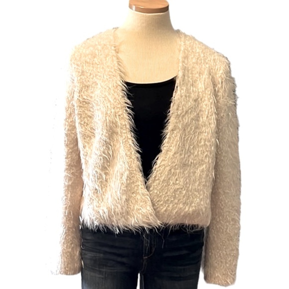 Anthro Knitted & Knotted 'Callas' Fuzzy Faux Fur Cropped Cardigan, Cream, Large